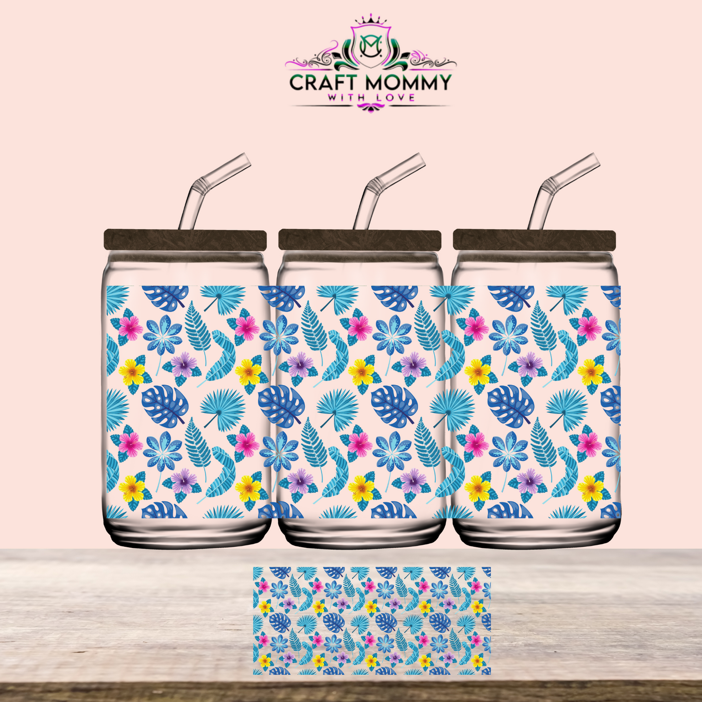 Blue monstera floral - UV DTF WRAP 16oz