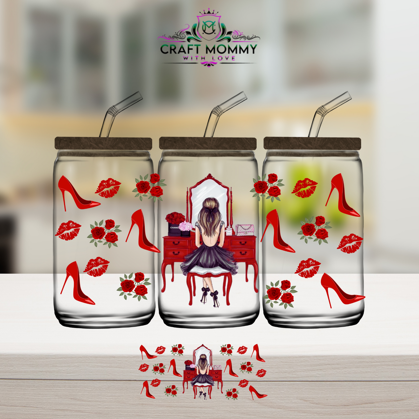 Designer Glamour Red girl- UV DTF Wrap 16 oz