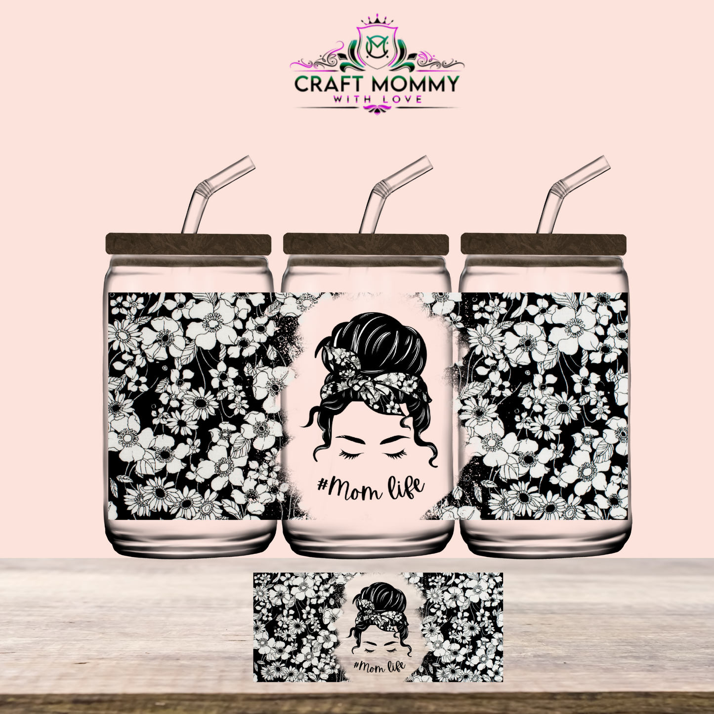 MOM Life Floral black- UV DTF Wrap 16 oz