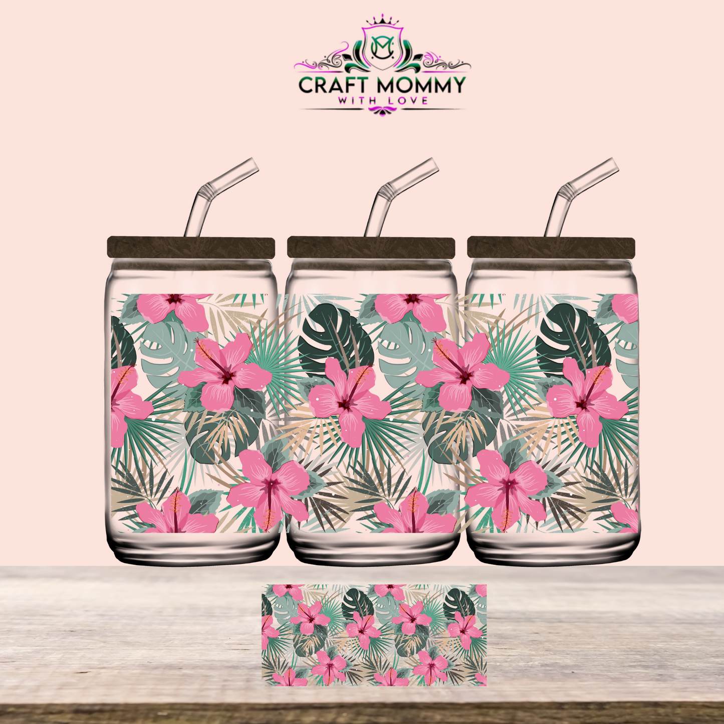 Pink gumamela and monstera - UV DTF WRAP 16oz