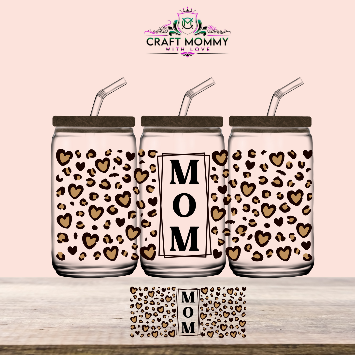 MOM brown heart- UV DTF Wrap 16 oz