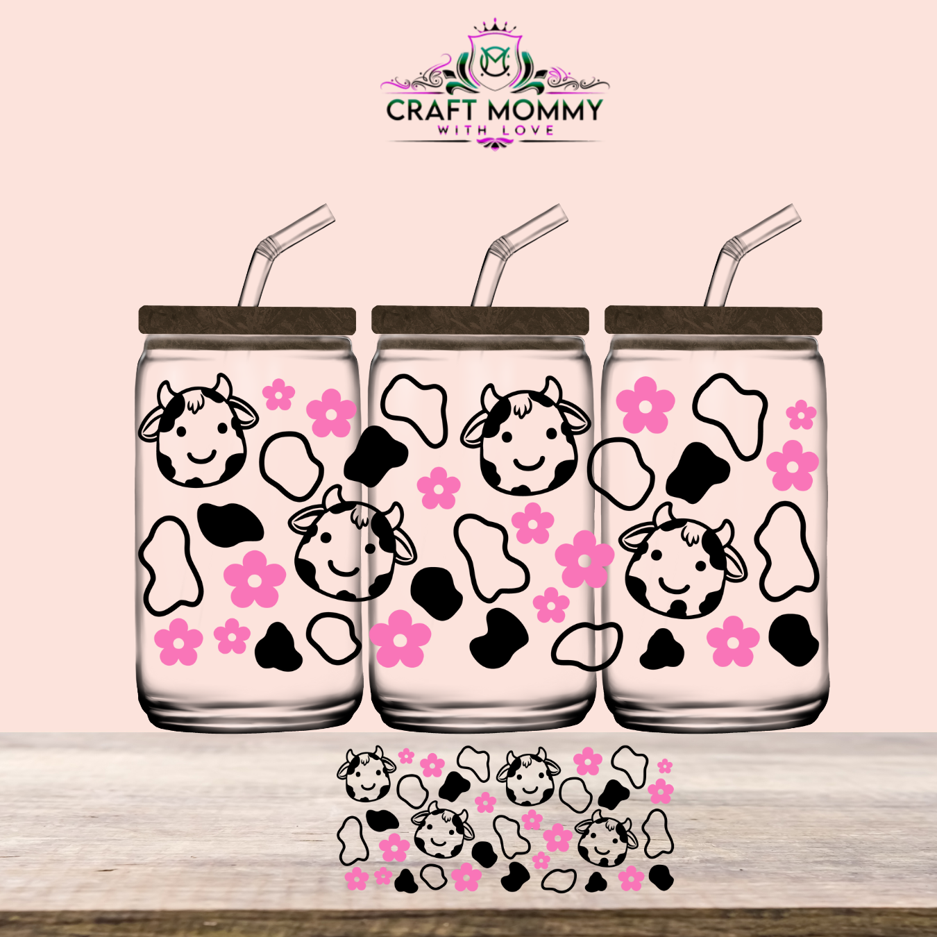 Cute Pink and black cow -UV DTF Wrap 16 oz