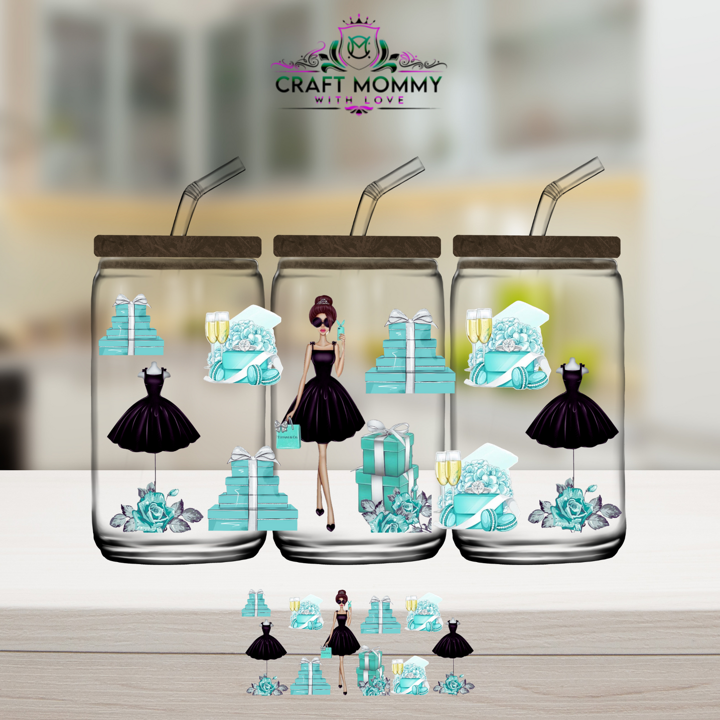 Designer Teal and Black Glamour Girl - UV DTF Wrap 16 oz