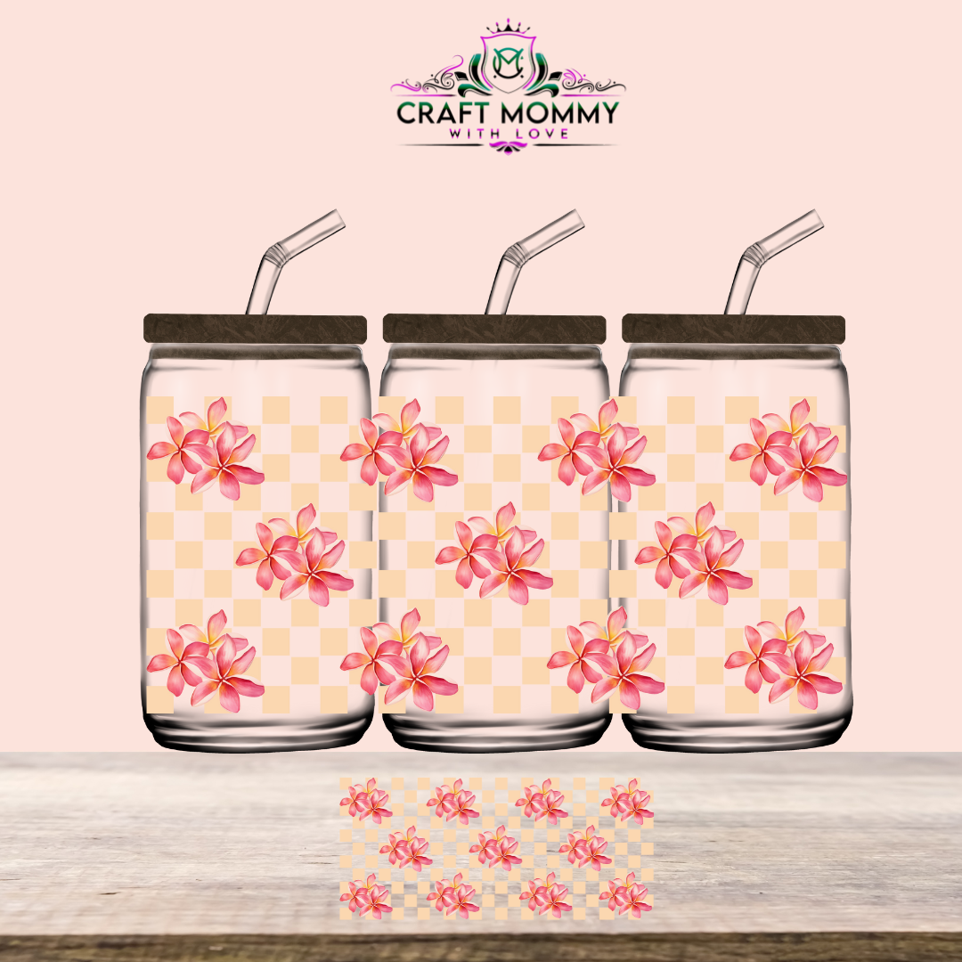 Peach Checkered Flowers- UV DTF Wrap 16 oz