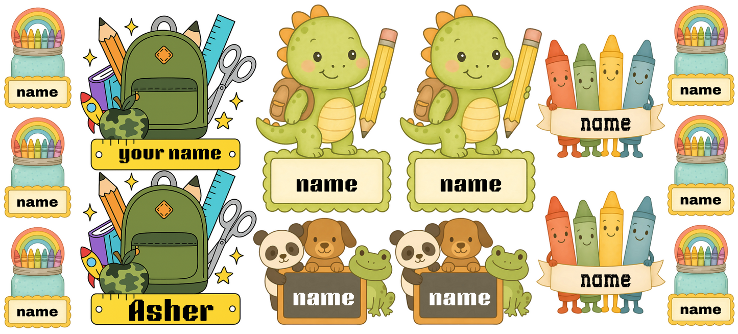 Back pack and Dino Name Stickers UV DTF (custom 1 name per sheet)