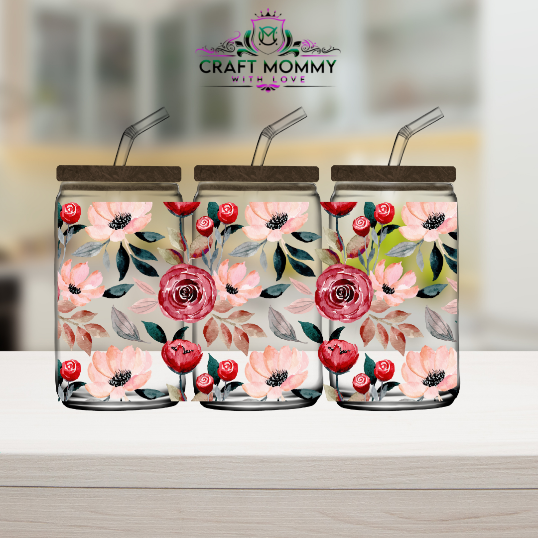 Floral Red and peach UV DTF Wrap 16 oz