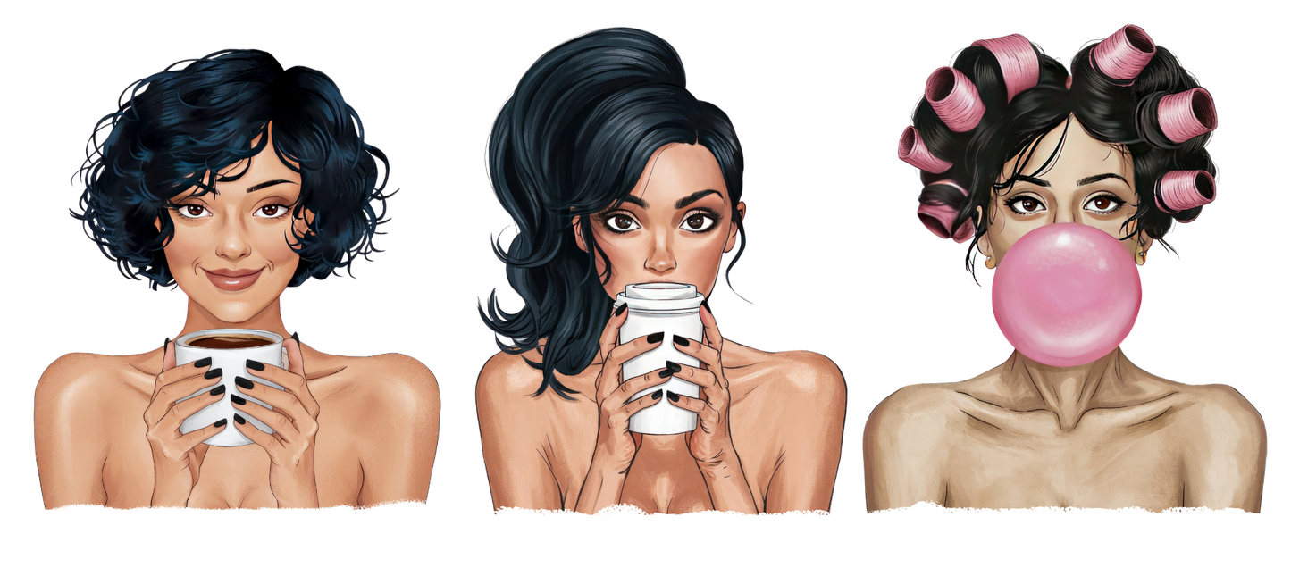 Cofee girls black hair -3 decals in 1 sheet UV DTF Stickers