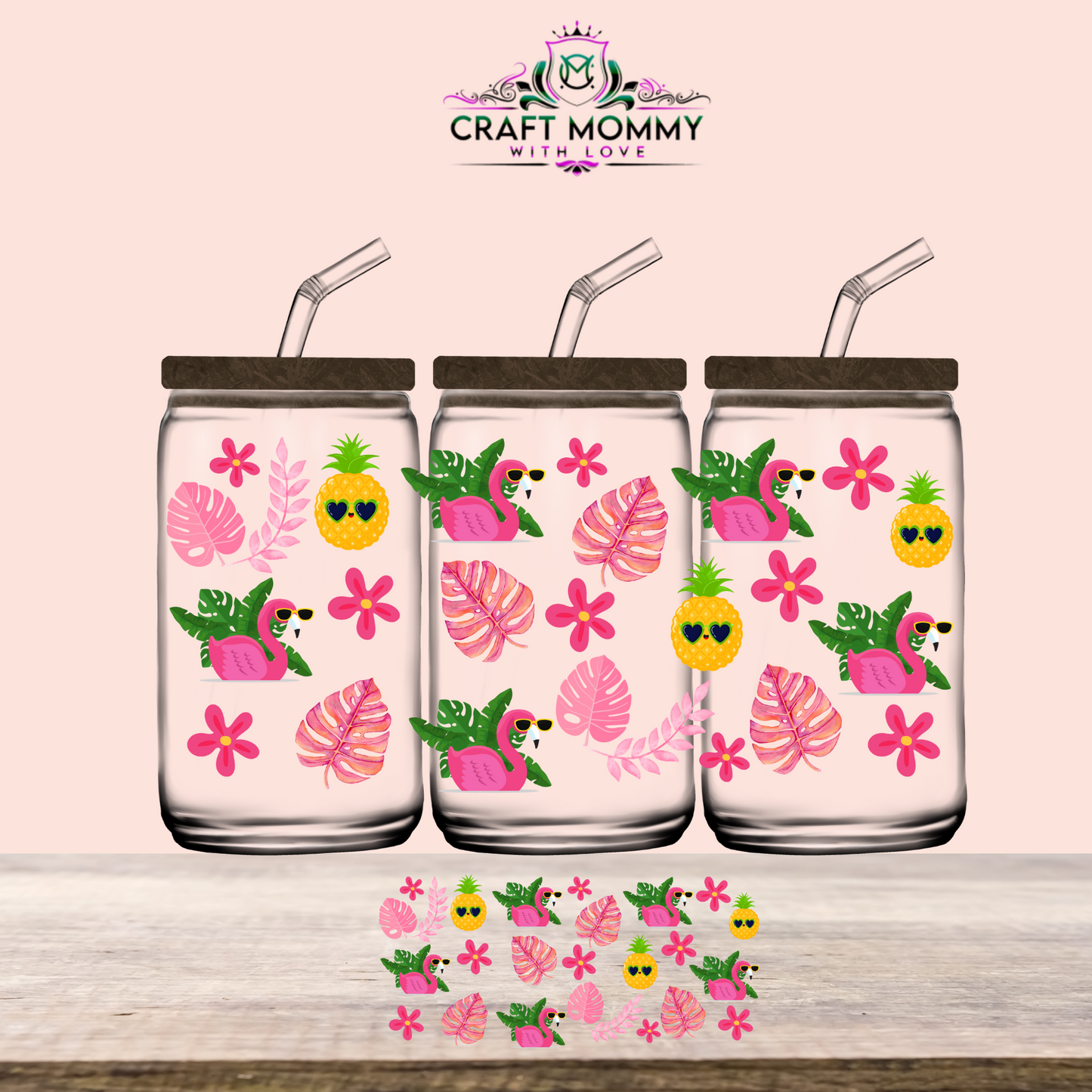 Summer Flamingo pink monstera - UV DTF WRAP 16oz