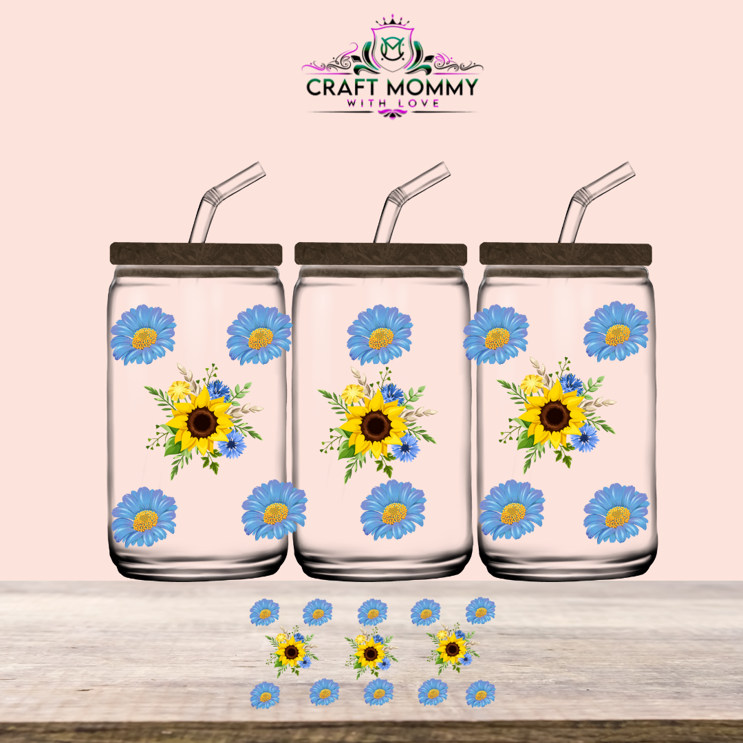 Blue Yellow Flowers- UV DTF Wrap 16 oz