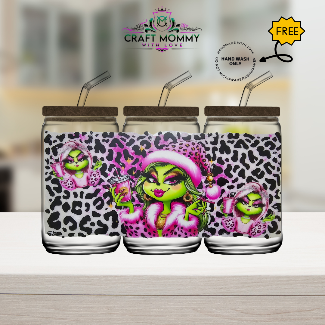 Green lady in pink - UV DTF Wrap 16 oz