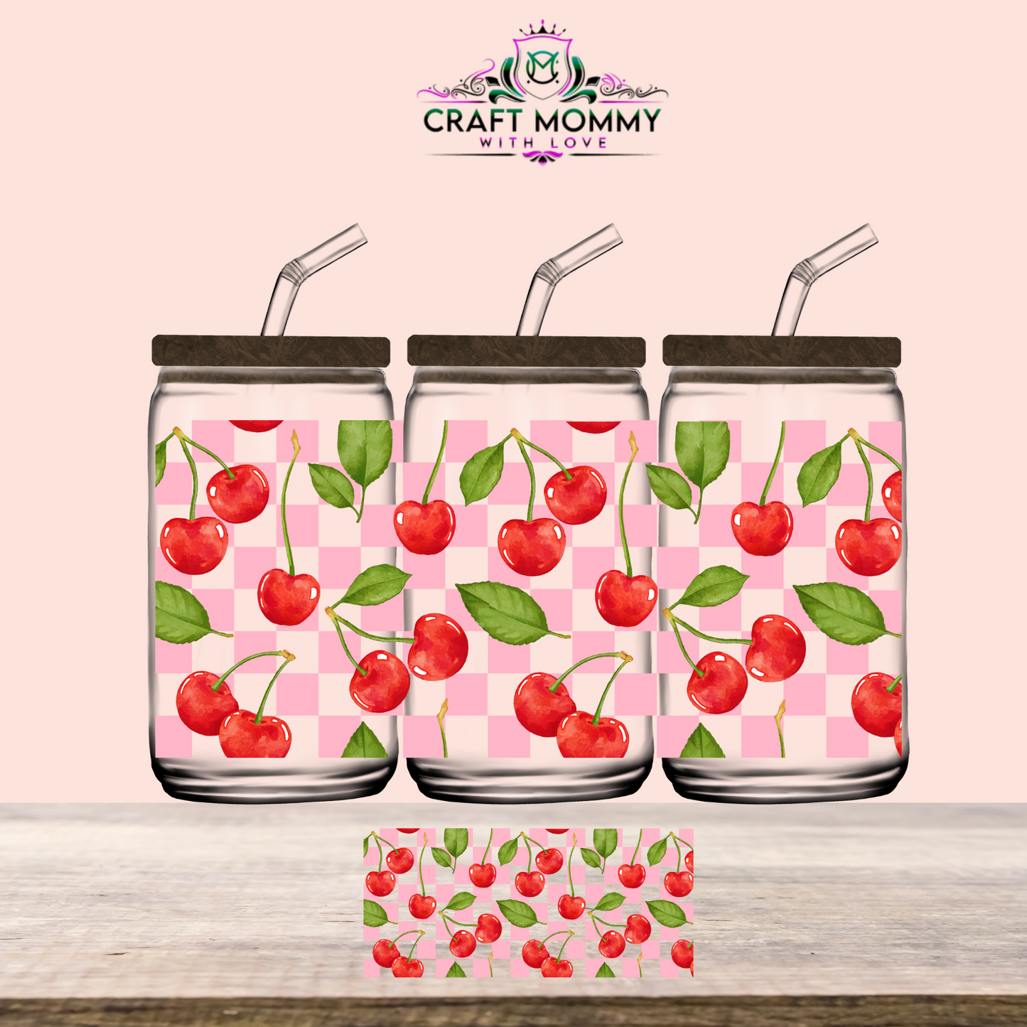 Cherry pink chekered - UV DTF WRAP 16oz