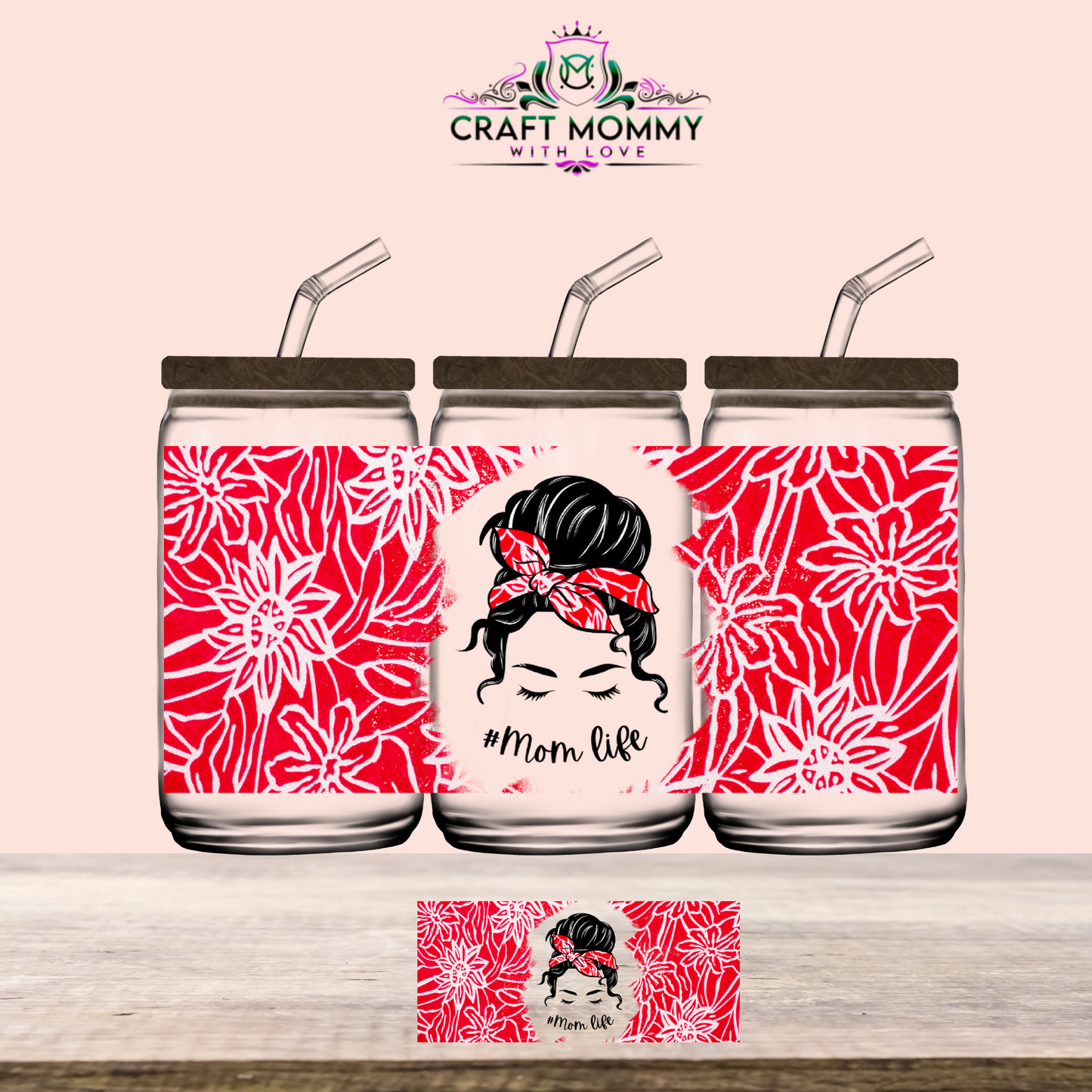 MOM life red floral- UV DTF Wrap 16 oz