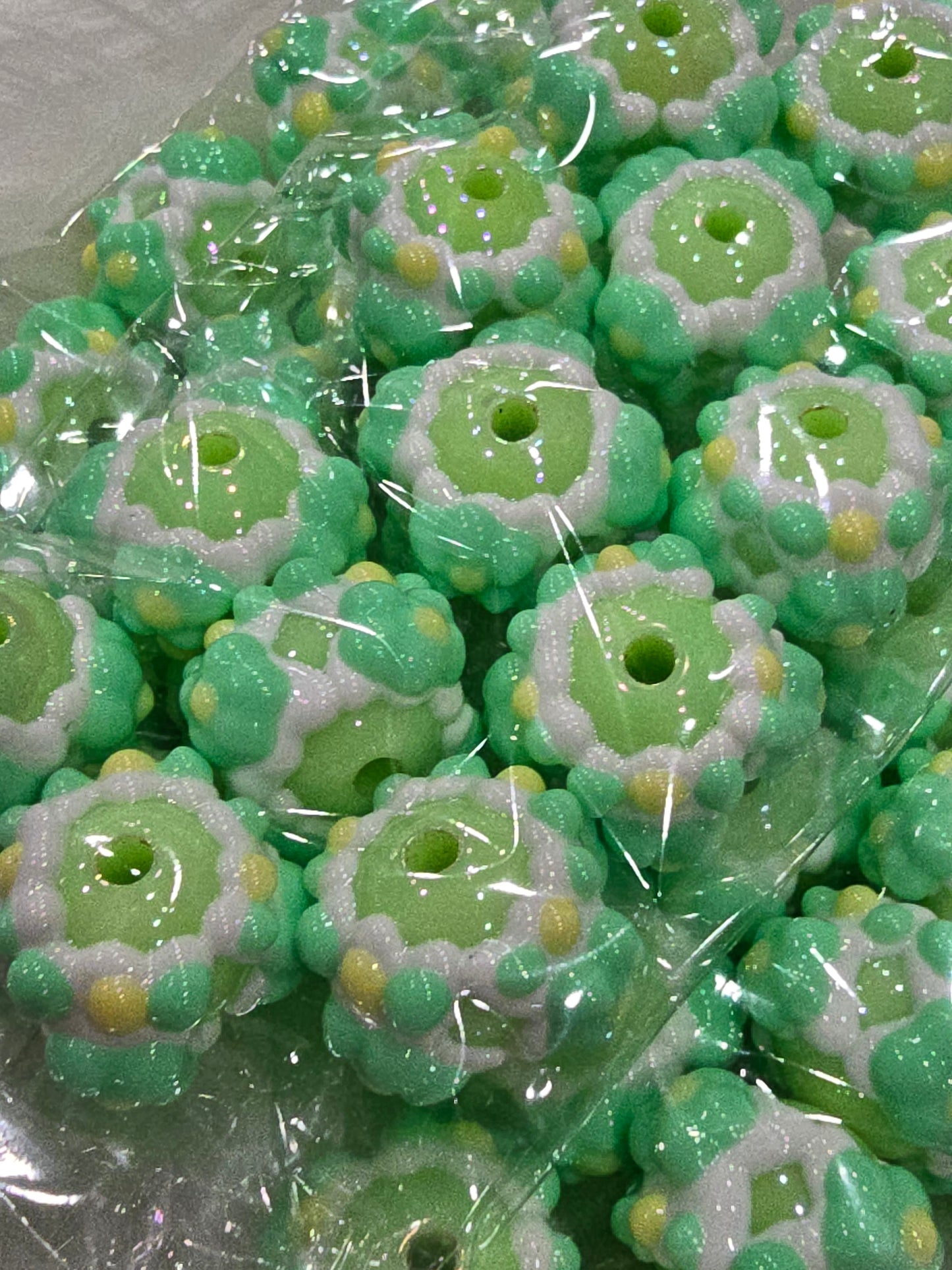 Green with flowers Hand Painted beads 16mm