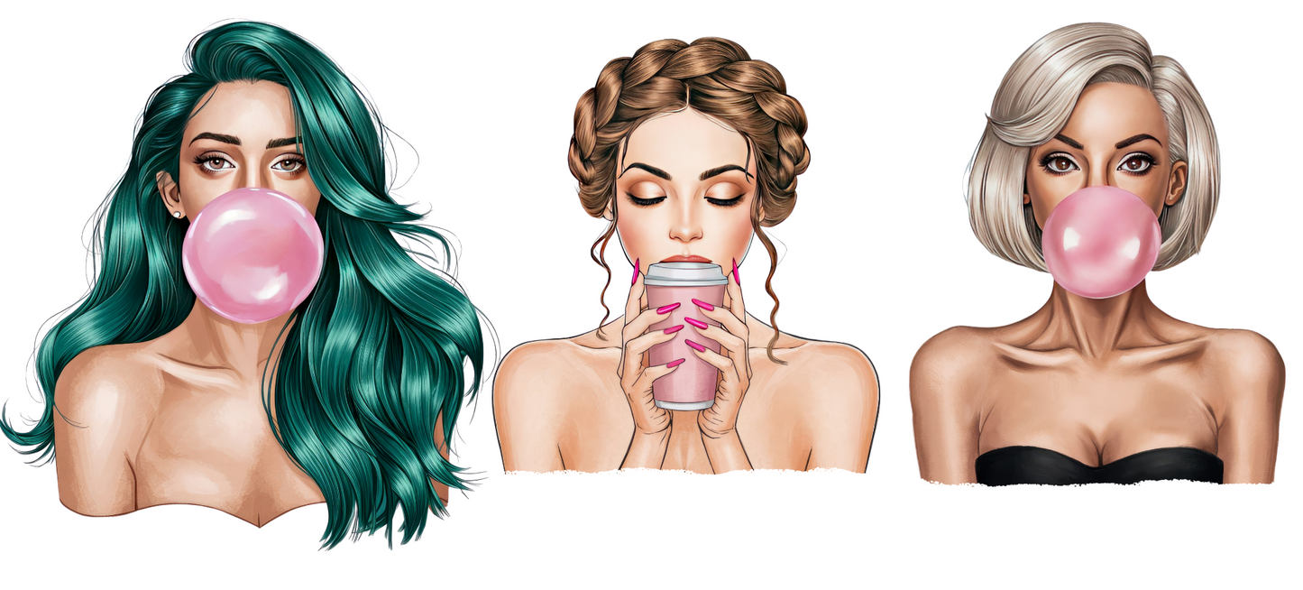 Gum and coffee girl -3 decals in 1 sheet UV DTF Stickers
