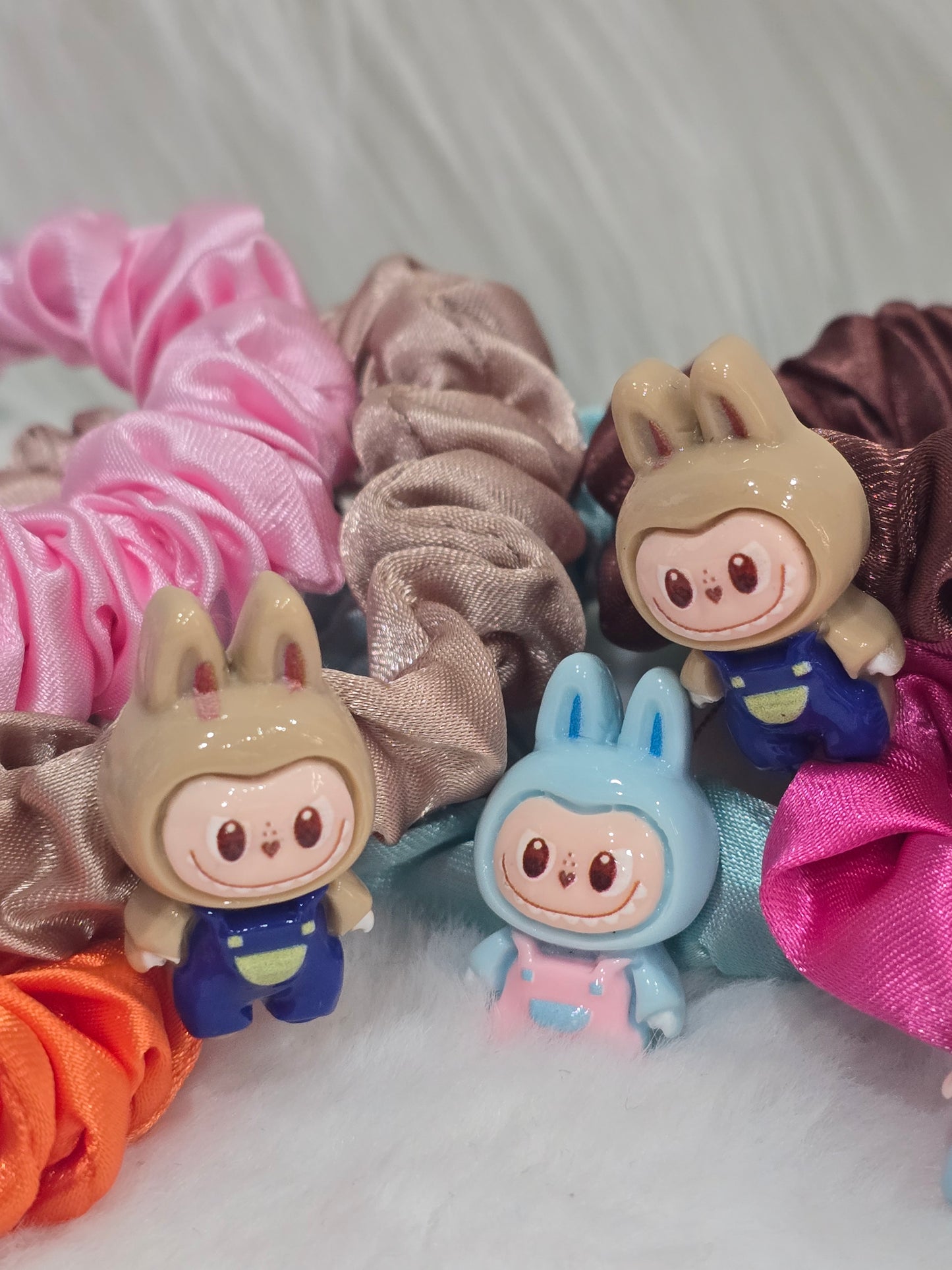 Handmade scrunchies with Acrylic detachable charms- Labubu- set of 5pcs