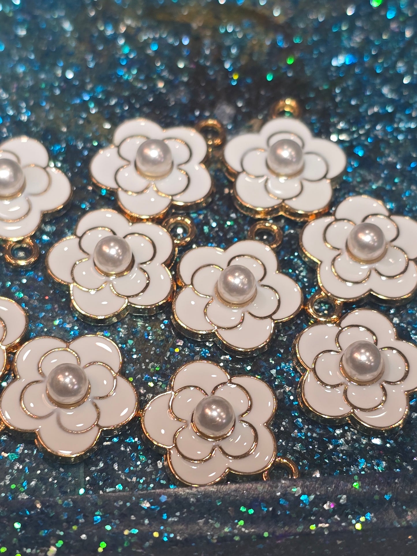 White CC Flowers with pearl -Metal Charm Pendant