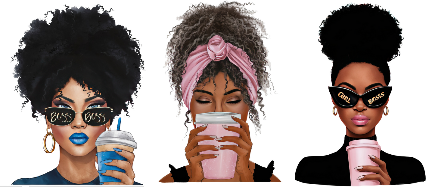 Coffee girl with curly hair 002 -3 decals in 1 sheet UV DTF Stickers