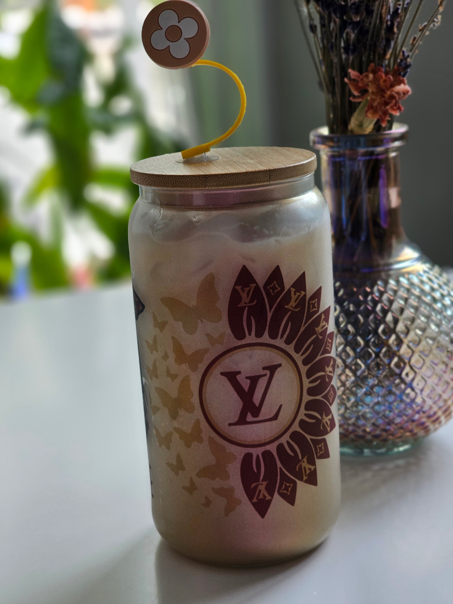 LV stylist Libbey Glass Can 16oz with Bamboo lid and Straw