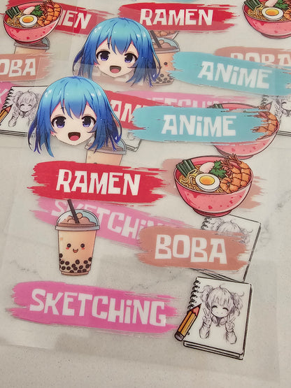 Amime, Ramen,Boba, sketching   -   UV DTF Decal