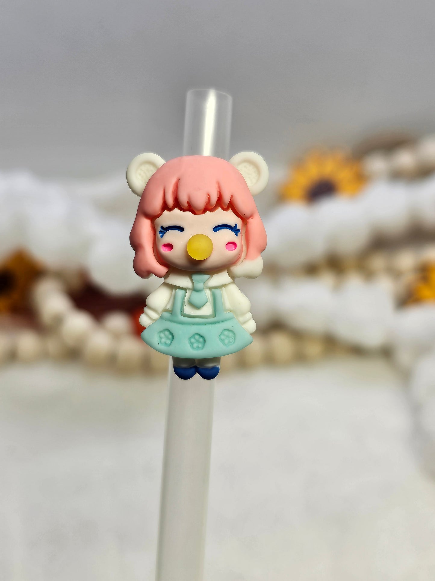 Bubble gum girl blue acrylics Straw/pencil or pen charms