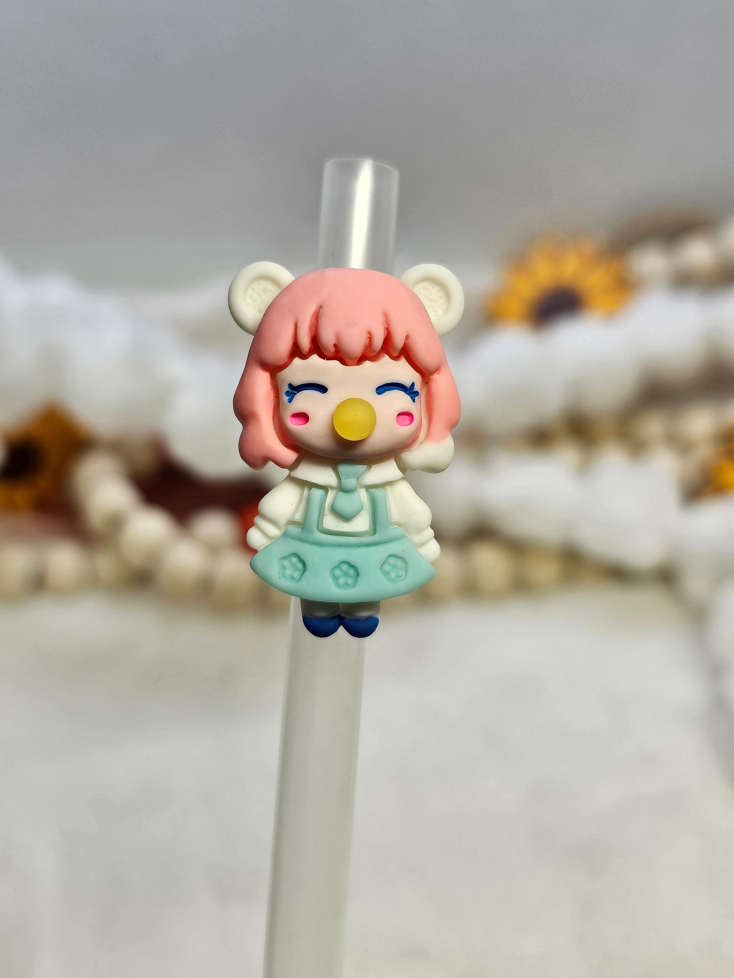 Bubble gum girl blue acrylics Straw/pencil or pen charms