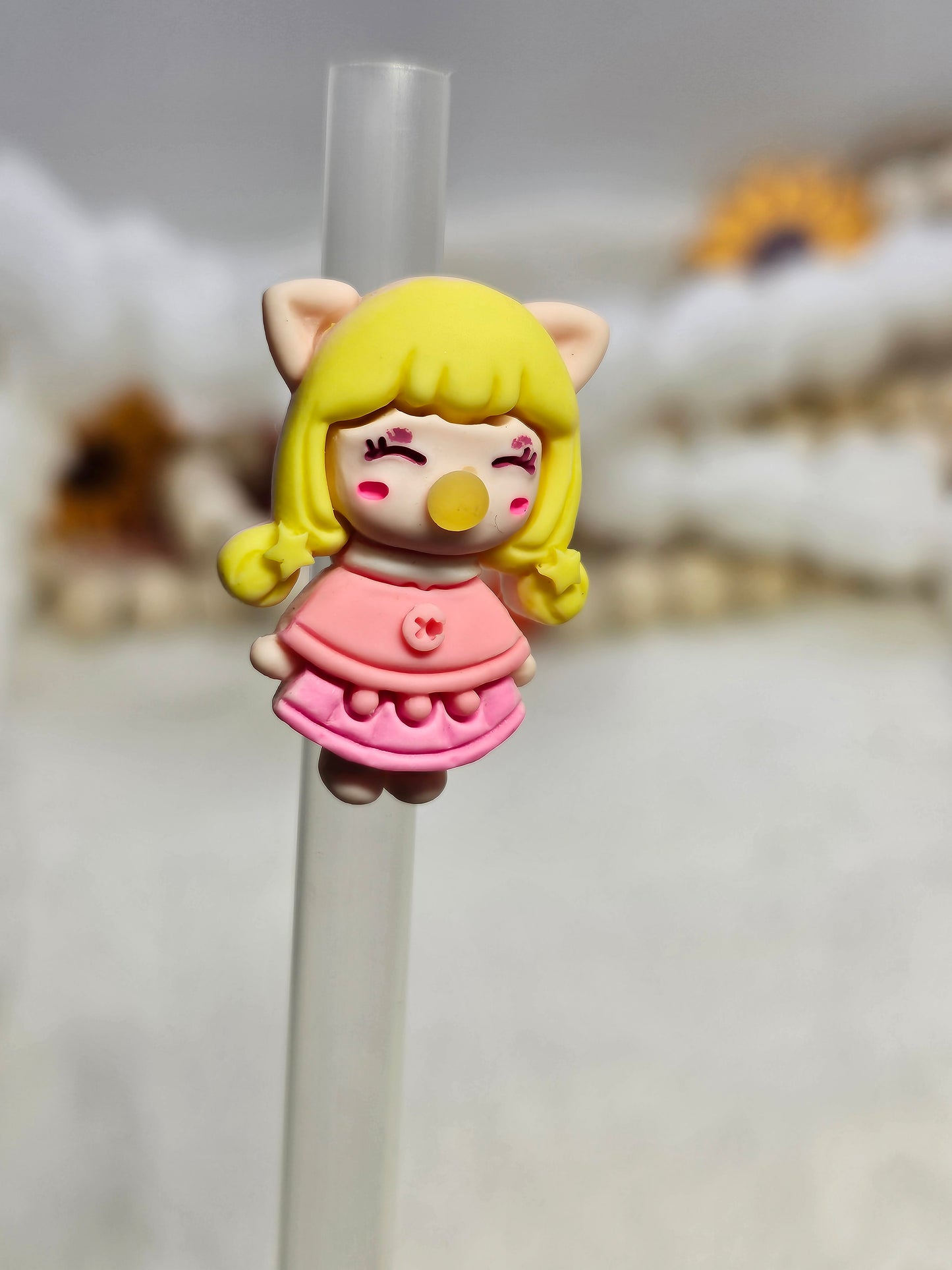 Bubble gum girl pink acrylics Straw/pencil or pen charms