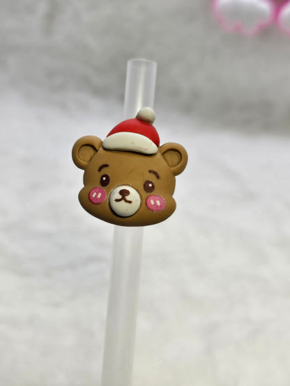 Bear with santa hat- Straw/pencil or pen charms