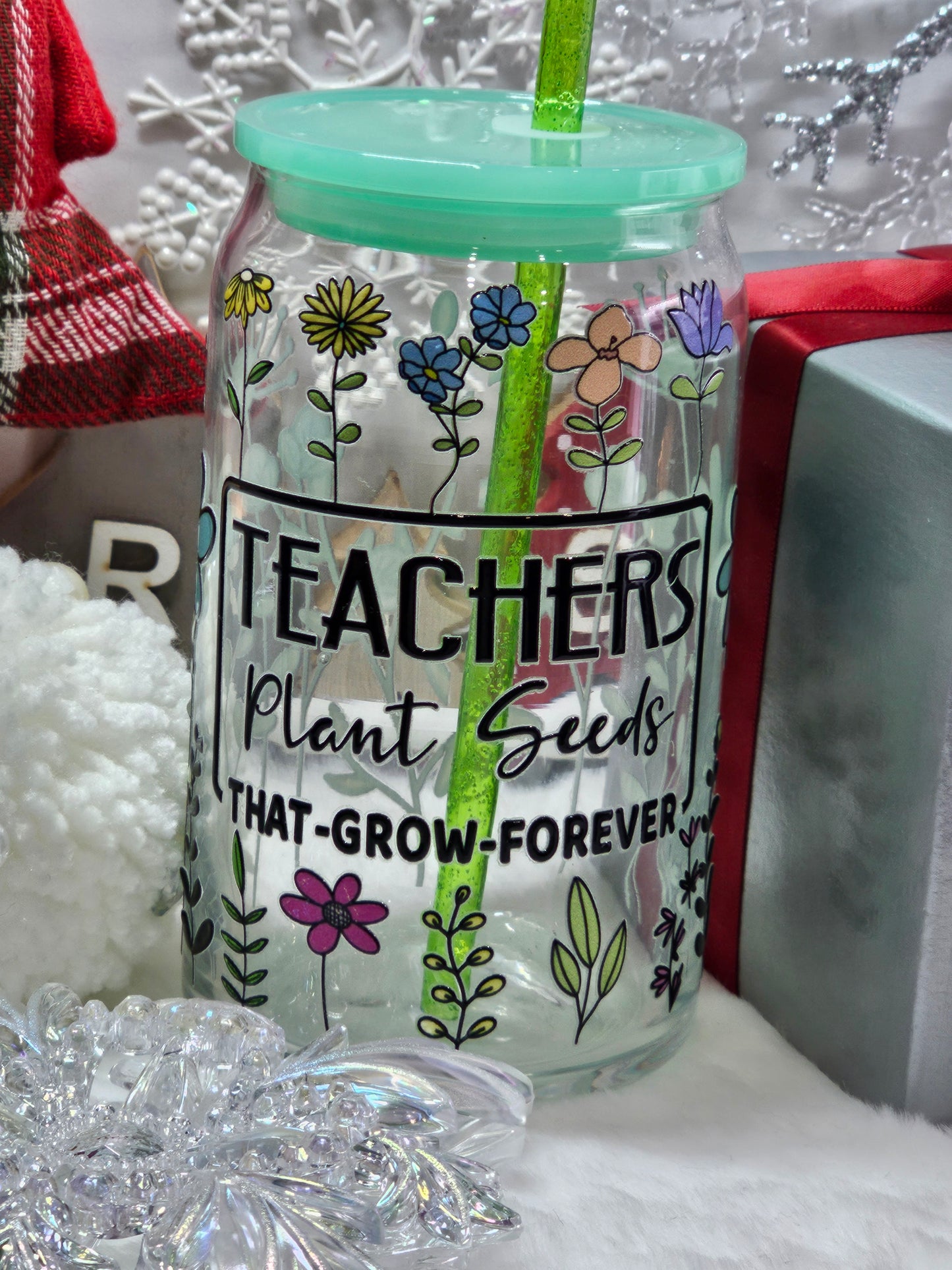 Teacher Plant a Seed -16oz Libbey glass with Lid and straw