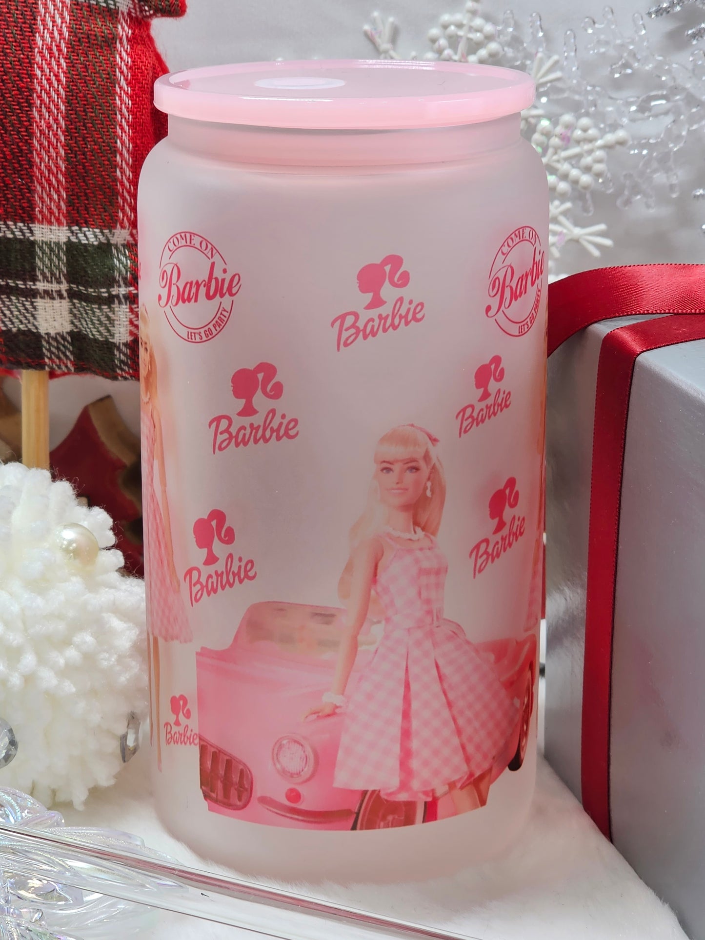 Barbie -16oz Libbey glass with Lid and straw