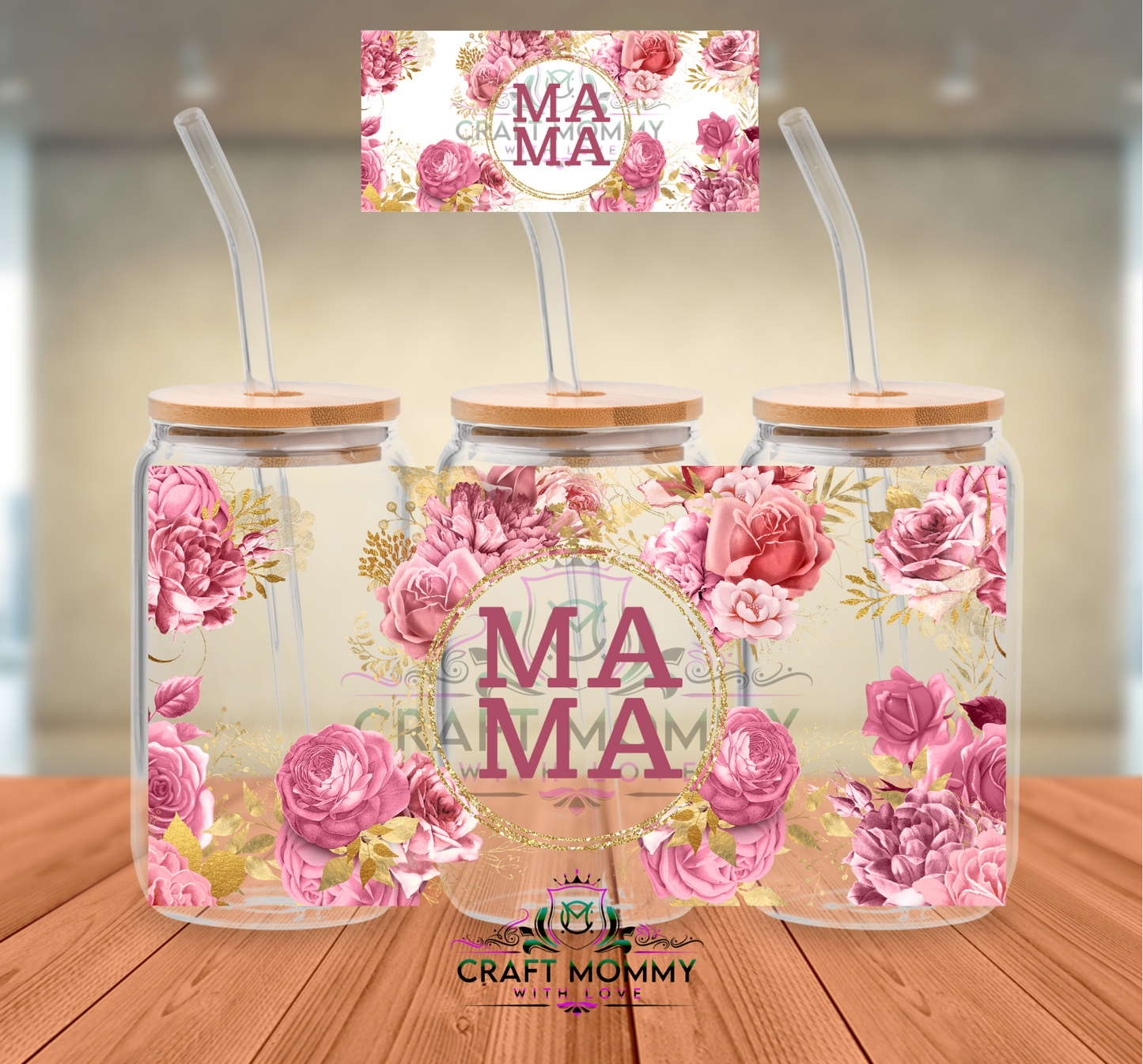 MAMA Pink floral- UV DTF Wrap 16 oz