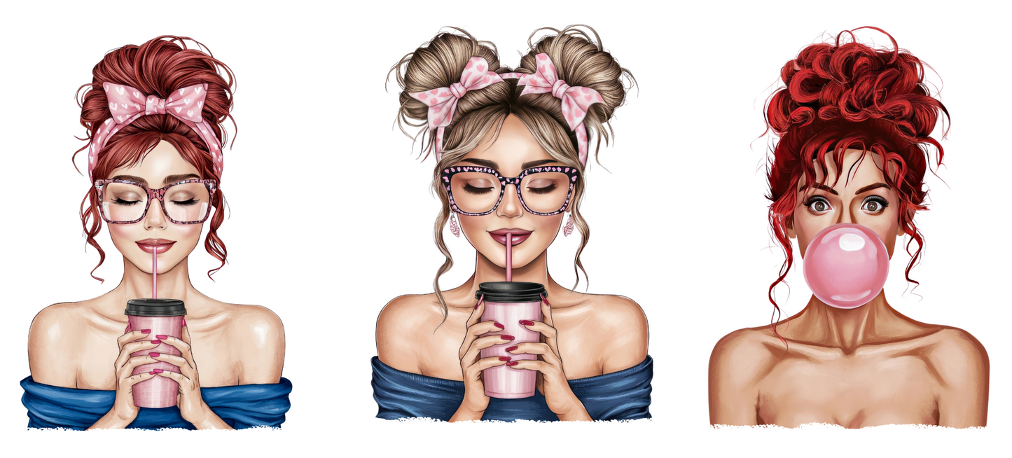Coffee girl with bun hair -3 decals in 1 sheet UV DTF Stickers