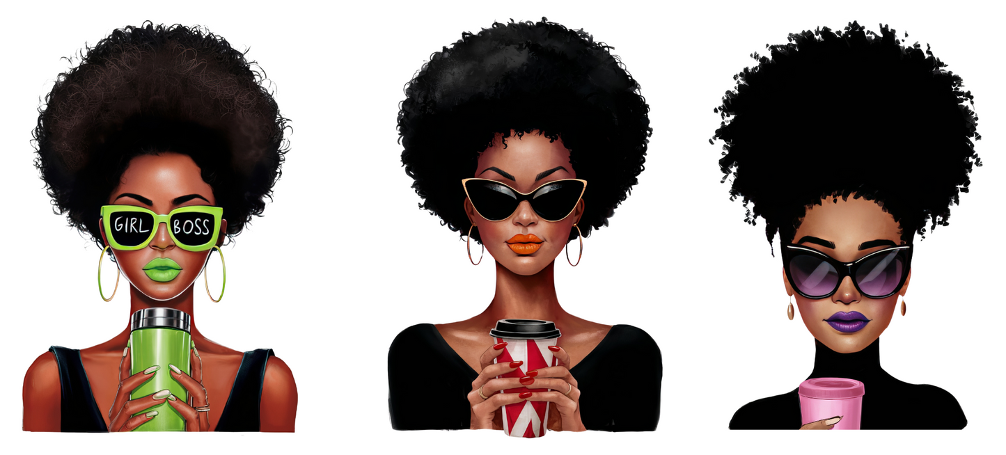 Coffee girl with curly hair  -3 decals in 1 sheet UV DTF Stickers