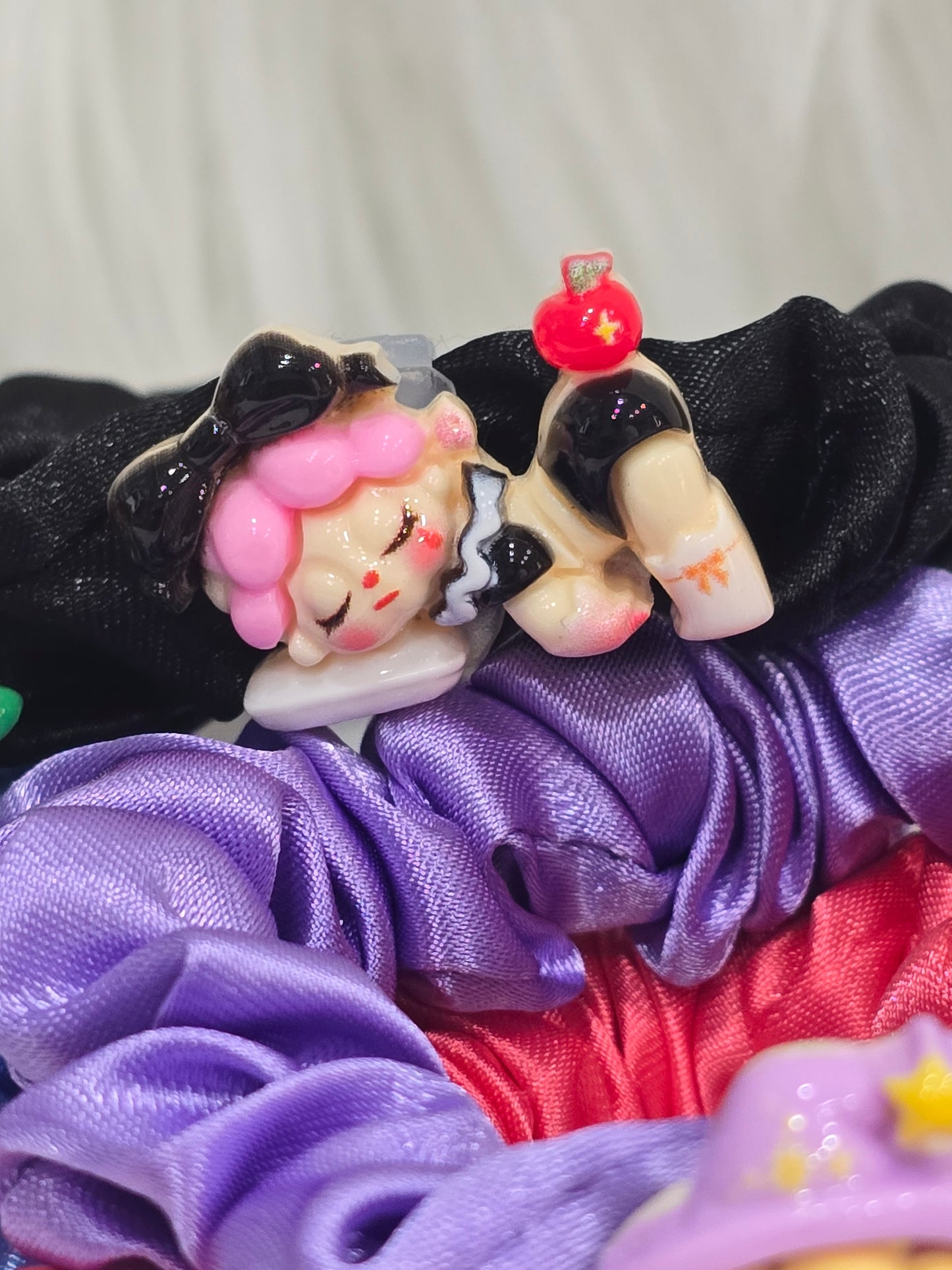 Handmade scrunchies with Acrylic detachable charms- Sleeping wendy popmart- set of 5pcs