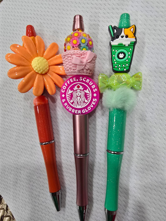 Beadable pen 3pcs mix bundle- Flower, Coffee Scrubs and Green cup with dog