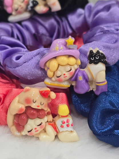Handmade scrunchies with Acrylic detachable charms- Sleeping wendy popmart- set of 5pcs