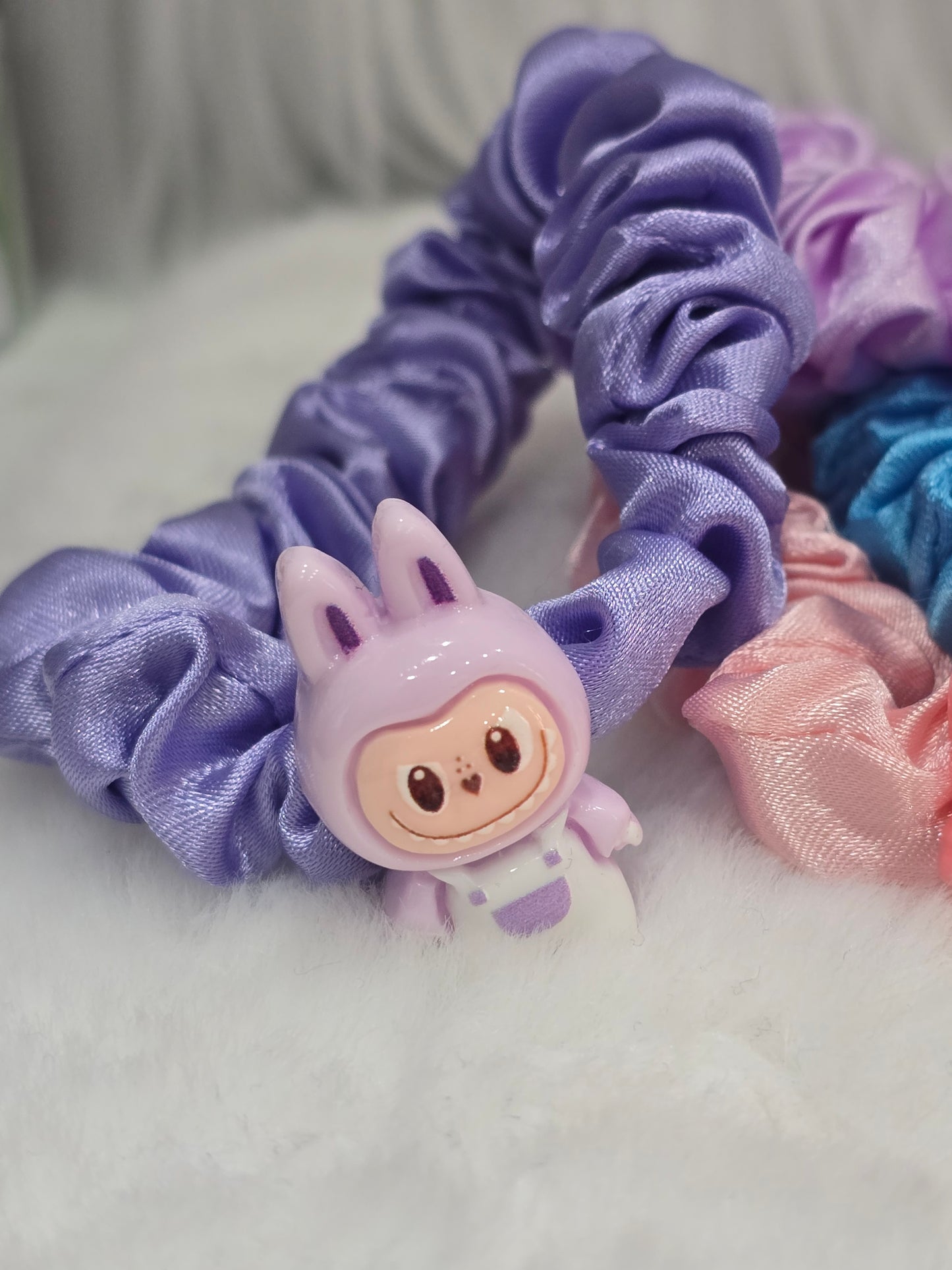 Handmade scrunchies with Acrylic detachable charms- Labubu- set of 5pcs