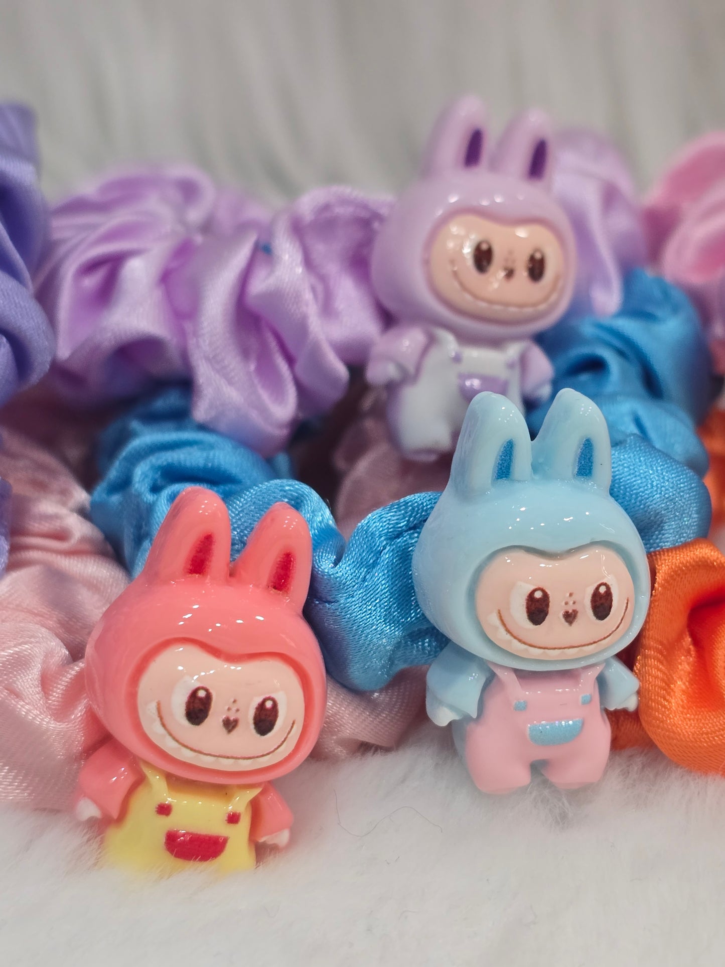 Handmade scrunchies with Acrylic detachable charms- Labubu- set of 5pcs