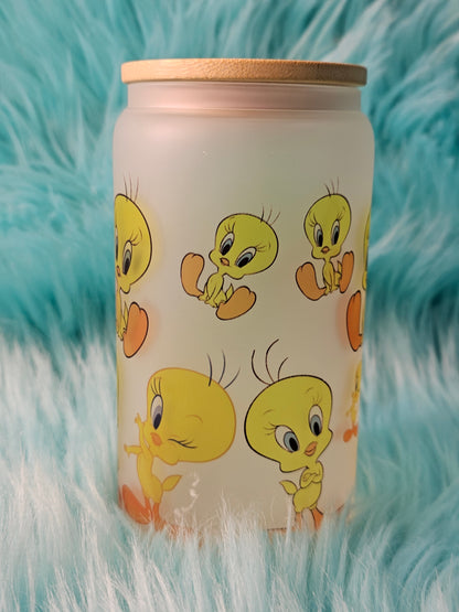 Tweety Bird- Libbey Glass Can 16 oz with Bamboo Lid and Straw